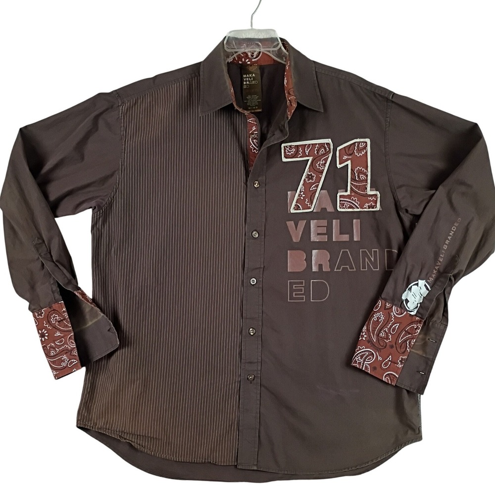 Vintage Makaveli Branded Tupac Button Down Men 2X Brown Paisley Hip Hop Shirt